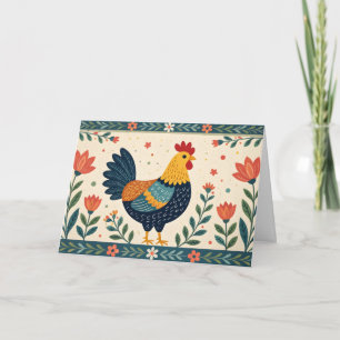 Farbenfrohe Folklore Art Chicken & Blume Border Karte