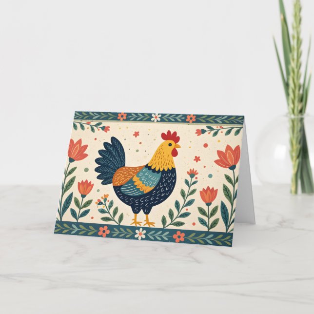 Farbenfrohe Folklore Art Chicken & Blume Border Karte (Vorderseite)