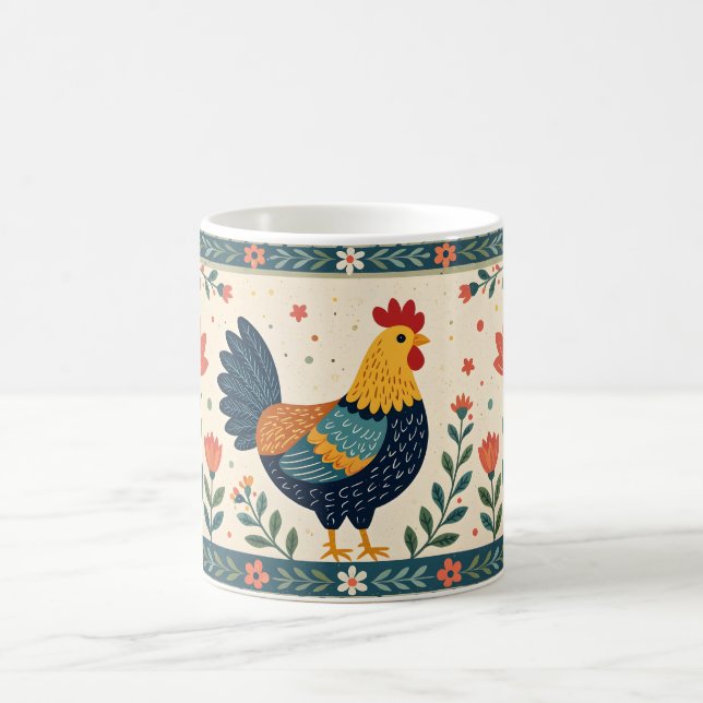 Farbenfrohe Folklore Art Hühnchen und Blume Grenze Kaffeetasse (Mittel)