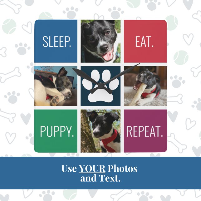 Farbenfrohe Fotos Animal Lover's moderne geometris Quadratische Wanduhr (This dog mom custom photo and text clock is a cute, practical and unique gift for Mother's Day!)