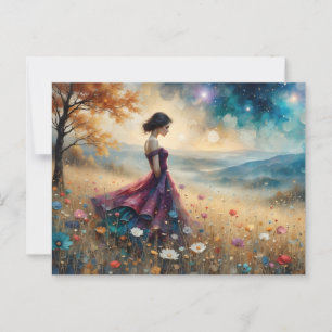 farbenfrohe Frau auf dem Hügel der Blume Postkarte