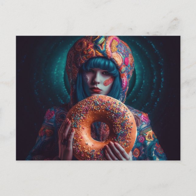 Farbenfrohe Frau mit Donut Postkarte (Vorderseite)