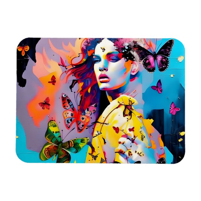 Farbenfrohe Frau und Schmetterlinge Magnet (Horizontal)