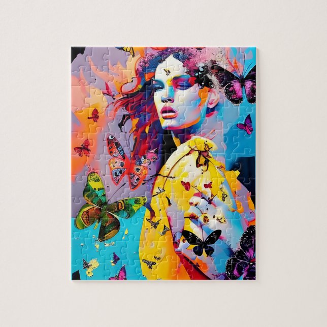 Farbenfrohe Frau und Schmetterlinge Puzzle (Vertikal)