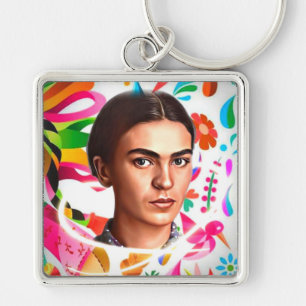 Farbenfrohe Frida Kahlo Cartoon Blume Muster Schlüsselanhänger