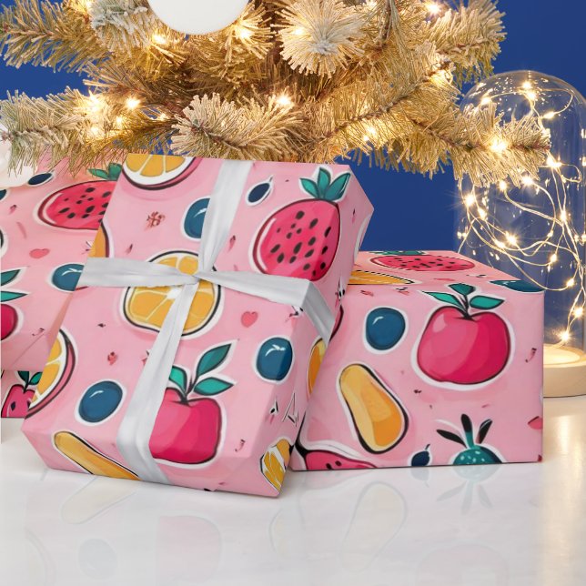 Farbenfrohe Früchte Rosa Dekoration Geschenkpapier (Feiertage)