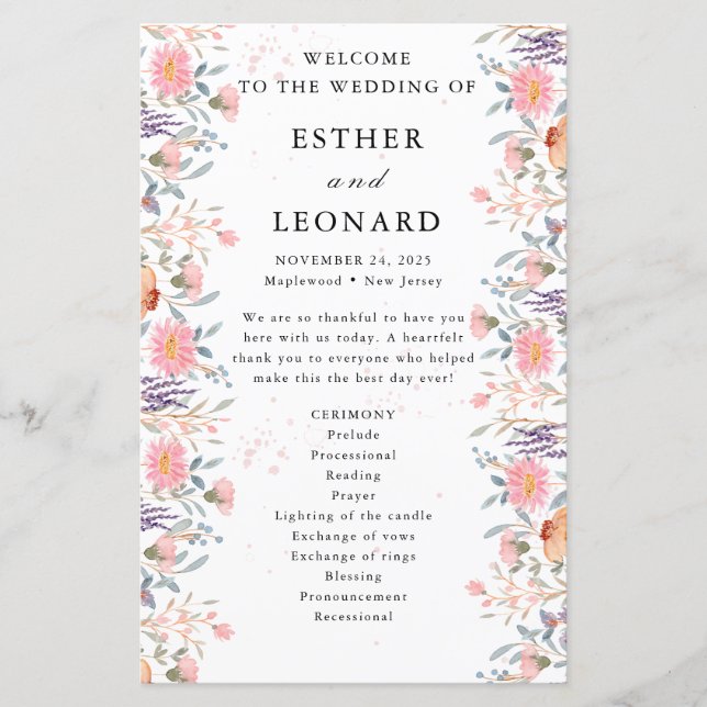 Farbenfrohe Frühjahrs-Wildblume-Hochzeitsprogramm (Vorderseite)