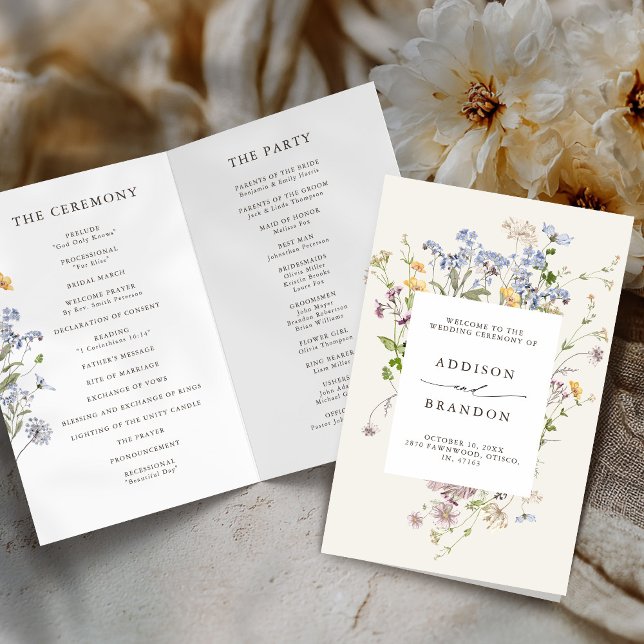 Farbenfrohe Frühjahrs-Wildblume-Wiesen-Hochzeitspr (Colorful Spring Wildflower Meadow Folded Wedding Program card)