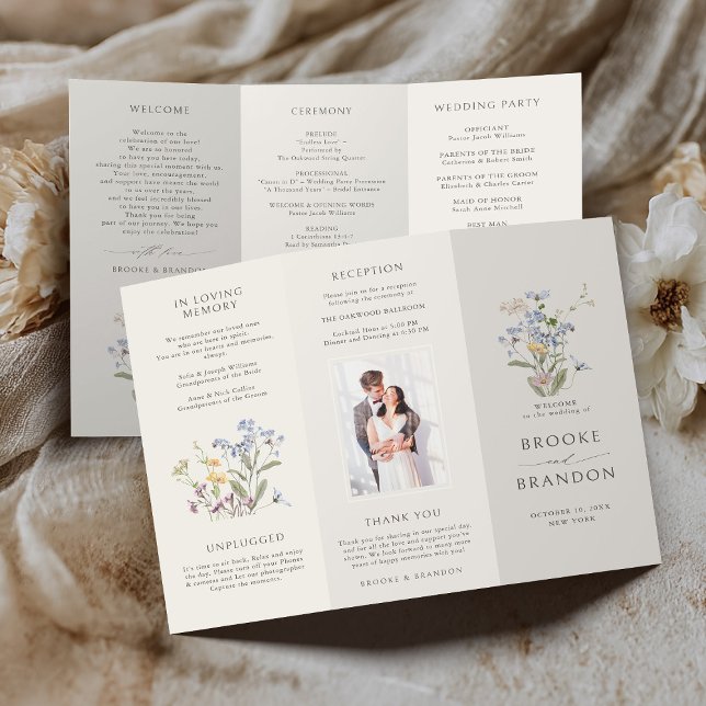 Farbenfrohe Frühjahrs-Wildblume-Wiesen-Hochzeitspr (Colorful Spring Wildflower Meadow tri fold Wedding Program)