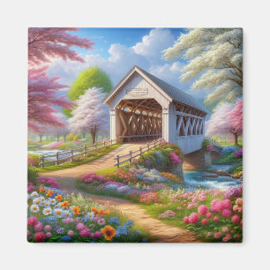 Farbenfrohe Frühlings-/blumengeschmückte Brücke & Magnet