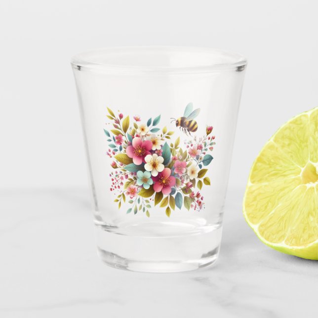 Farbenfrohe, Frühlings-/Blütenbiene Schnapsglas (Vorderseite)