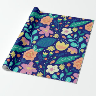 Farbenfrohe Frühlingsblumen auf blau Geschenkpapier
