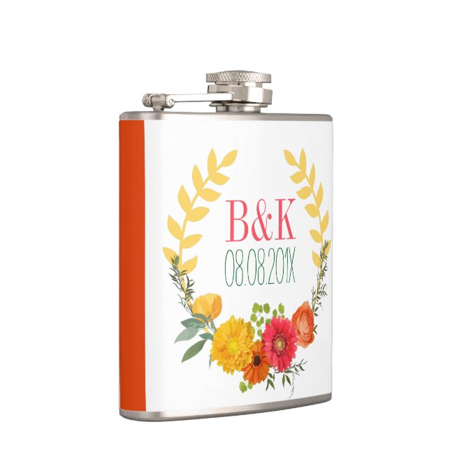 Farbenfrohe Frühlingsblumen Hochzeitskranz Flachmann (Rechts)