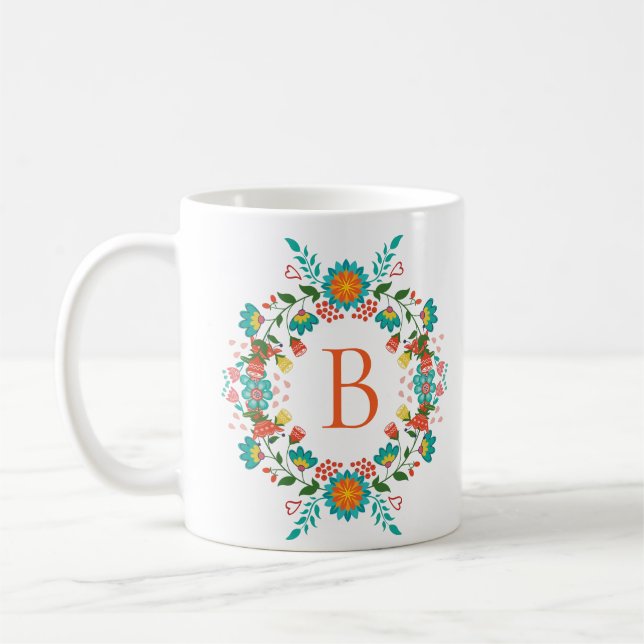 Farbenfrohe Frühlingsblumen Kränze Monogramm Kaffeetasse (Links)
