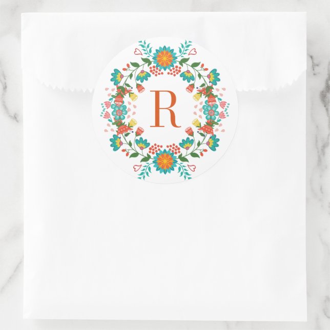 Farbenfrohe Frühlingsblumen Kränze Monogramm Runder Aufkleber (Tasche)