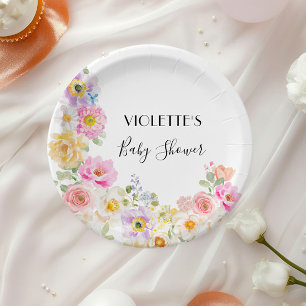 Farbenfrohe Frühlingsblumen Mädchen Baby Shower Pappteller