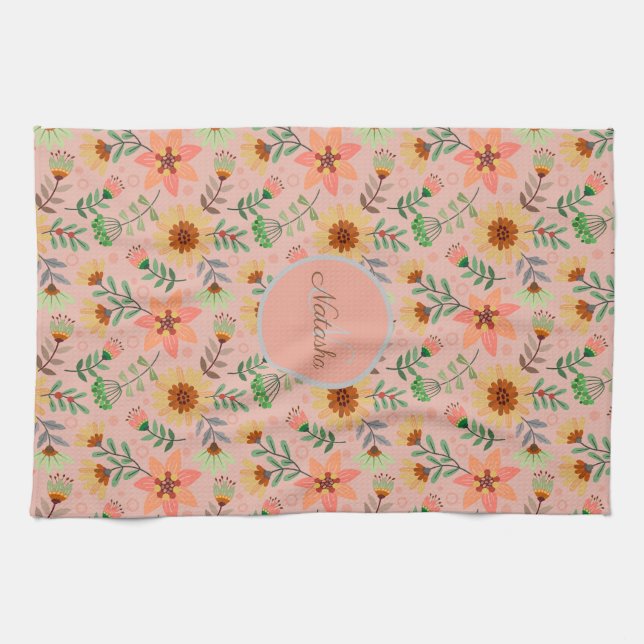 Farbenfrohe Frühlingsblumen Mädchenname Monogram Geschirrtuch (Horizontal)