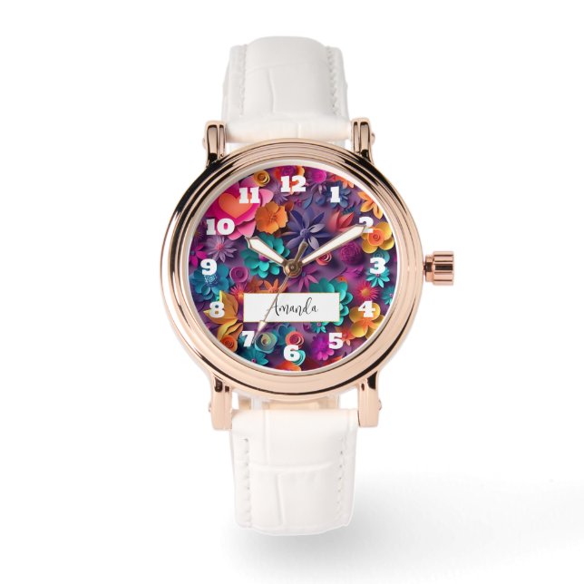 Farbenfrohe Frühlingsblumenmuster Armbanduhr (Vorderseite)
