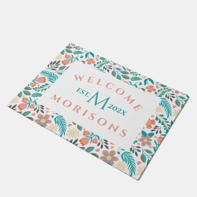 Farbenfrohe Frühlingsblumenmuster Fußmatte (Schrägansicht)