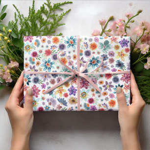 Farbenfrohe Frühlingsrosa Wildblume Grüne Geschenkpapier