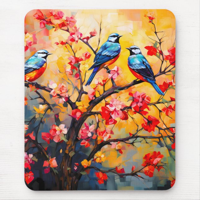 Farbenfrohe Frühlingsvögel im Blut Mousepad (Vorne)