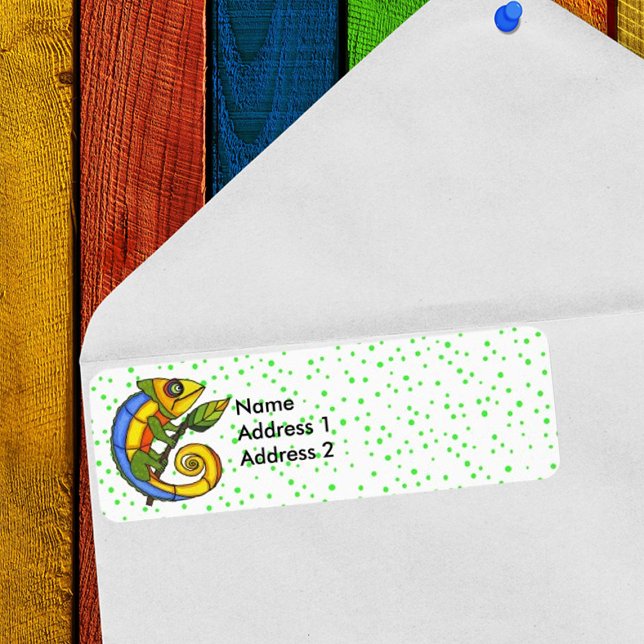 Farbenfrohe Fun Lizard Zweig Grüne Punkte (Return address label with fantasy colourful lizard on leaf with green polka dots.)