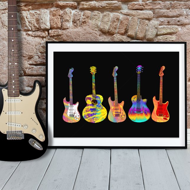 Farbenfrohe Funky Gitarre Kunst, Dichtung und Musi Fotodruck (Colorful funky guitar illustrations psychedelic on black poster by artist Catherine Sweetman)