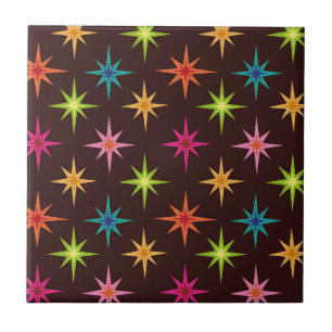 Farbenfrohe Funky Mid Century Atomic Starbursts   Fliese