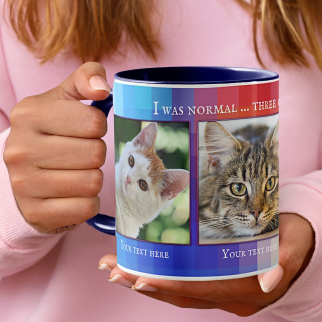 Farbenfrohe Funny Cats Custom Foto Tasse (Photo mug featuring your own favorite (cat) photos framed by a colorful checkered design.)