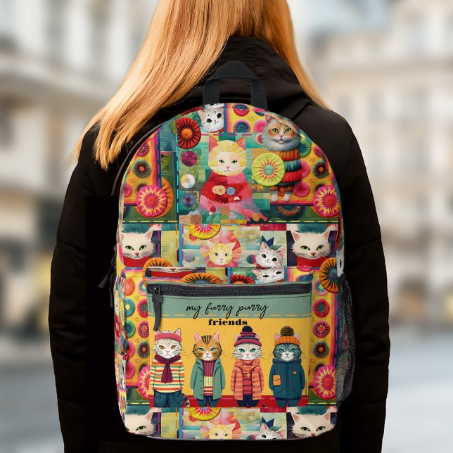 Farbenfrohe Funny Cats Quilt Patchwork Retro Bedruckter Rucksack (Backpack featuring a pattern design with colorful cute and funny cats)