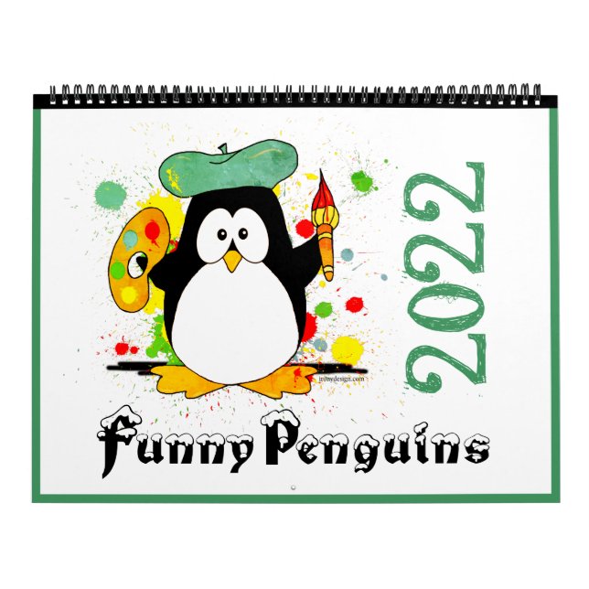 Farbenfrohe Funny Pinguins Cartoon Art Green 2022 Kalender (Titelbild)