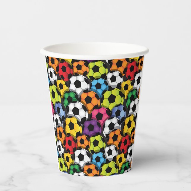Farbenfrohe Fußballbälle Design Paper Cup Pappbecher (Vorderseite)