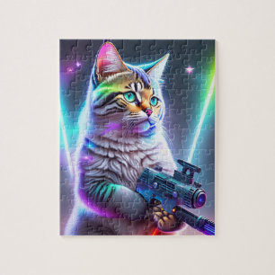 Farbenfrohe futuristische Cyberpunk-Katze mit Lase Puzzle