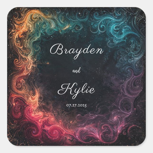 Farbenfrohe Galaxie-Swirt-Hochzeit Quadratischer Aufkleber (Vorderseite)