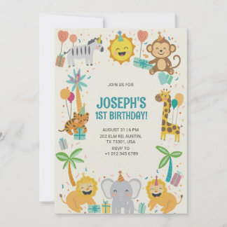Farbenfrohe Geburtstagseinladung mit Cartoon-Tiere Einladung
