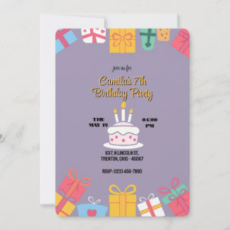 Farbenfrohe Geburtstagstorte mit Geschenken Einladung