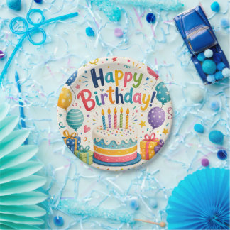 Farbenfrohe Geburtstagstorte und Ballons Festive P Pappteller