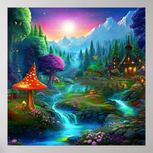 Farbenfrohe geheimnisvolle Fantasy-Landschaft Poster