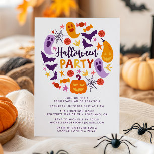 Farbenfrohe Geister und Kürbisse Halloween-Party Einladung