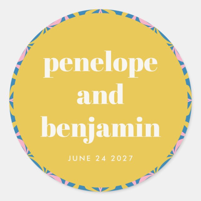 Farbenfrohe gelbe geometrische Brautpaare Runder Aufkleber (Vorderseite)
