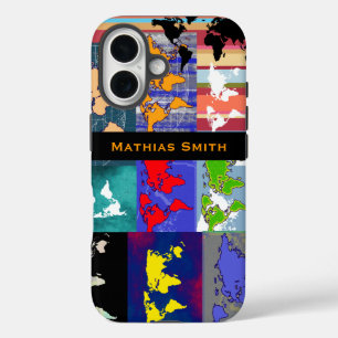 farbenfrohe geografische Weltkarten-Mischung iPhone 16 Hülle