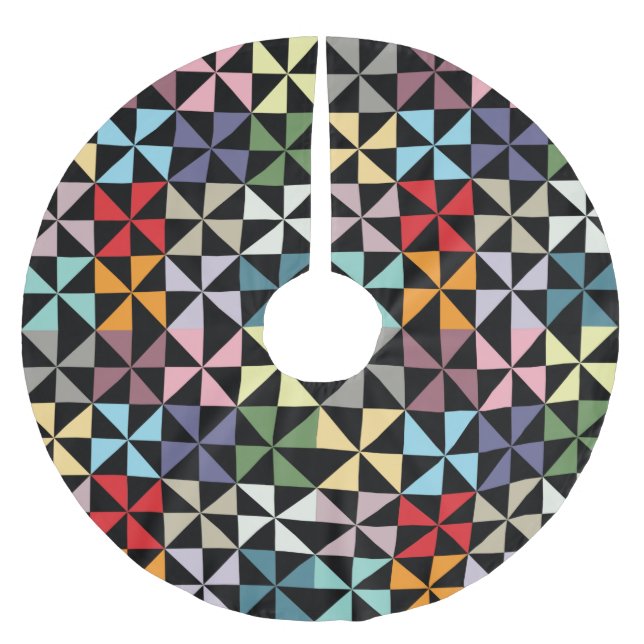 Farbenfrohe Geometrie Pinwheel Schwarz Polyester Weihnachtsbaumdecke (Vorderseite)