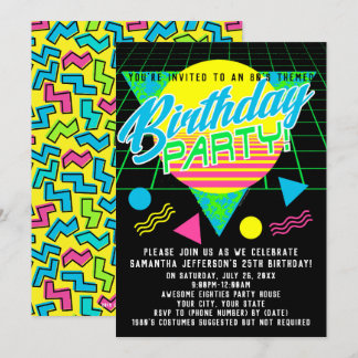 Farbenfrohe geometrische 80er 1980er Retro Birthda Einladung