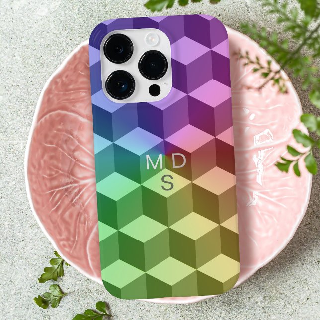 Farbenfrohe geometrische Cubes Monogram iPhone Cas Case-Mate iPhone Hülle (A colorful geometric cube pattern phone case with space for your initials)