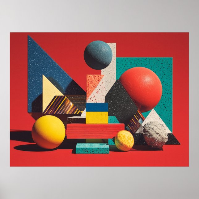 Farbenfrohe geometrische Formen auf rotem Hintergr Poster (Vorne)