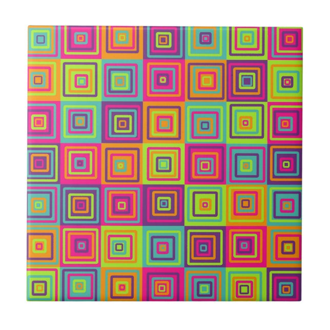 Farbenfrohe geometrische Quadrate Fliese (Vorderseite)