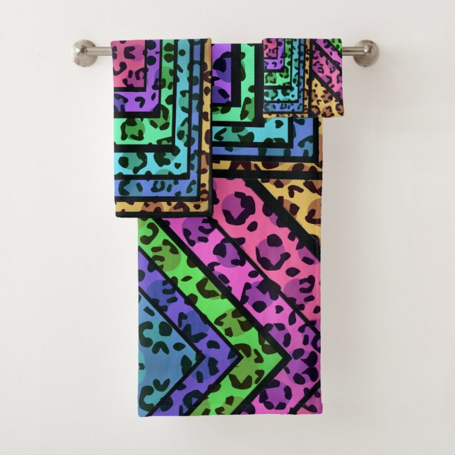 Farbenfrohe geometrische Regenbogen Jaguar Animal  Badhandtuch Set (Insitu)