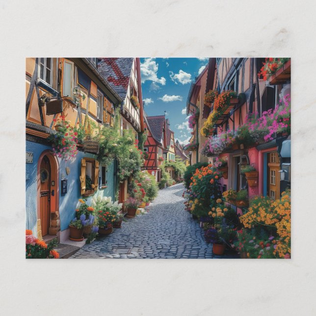 Farbenfrohe gepflasterte Straße mit Blume Postkarte (Vorderseite)