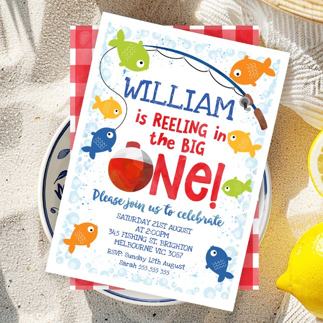 Farbenfrohe Gestaltung am großen Geburtstag Einladung (Multicolored Reeling in the Big One 1st Birthday Invitation, Fishing Themed First Birthday Invite)