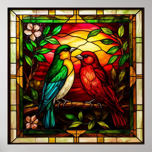 Farbenfrohe gestanzte Gläser, die zwei Vögel erken Poster (Vorne)